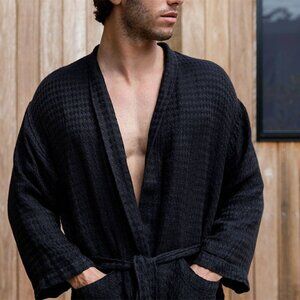 Cultiver Linen Waffle Robe Black S/M NWOT